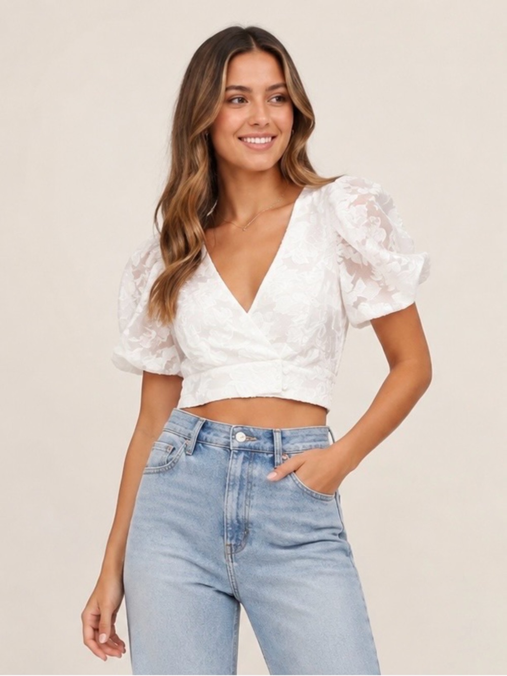 DO+BE White 3D Floral Puff Sleeve Bridal Crop Top